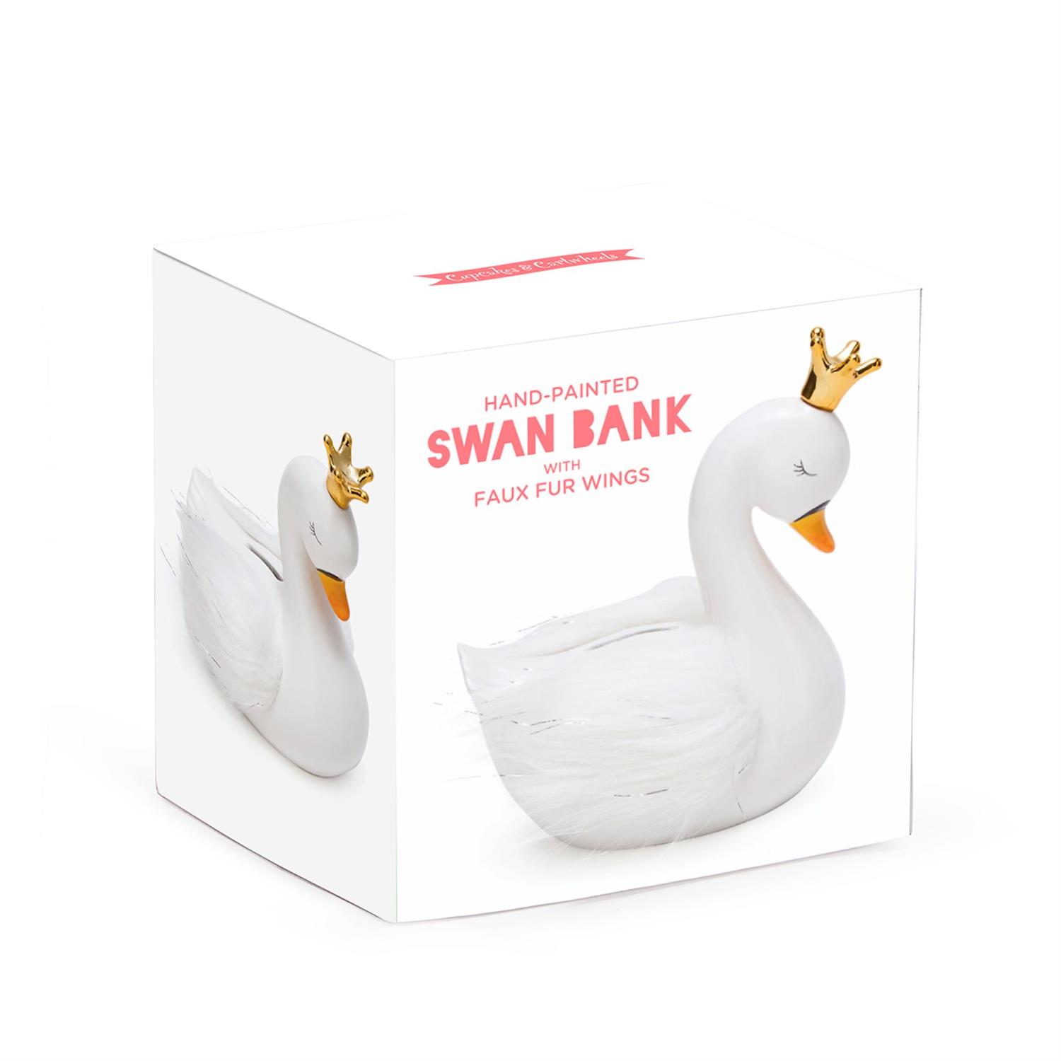 Swan Money Bank with Gold Crown and Faux Fur Wings in Gift Box