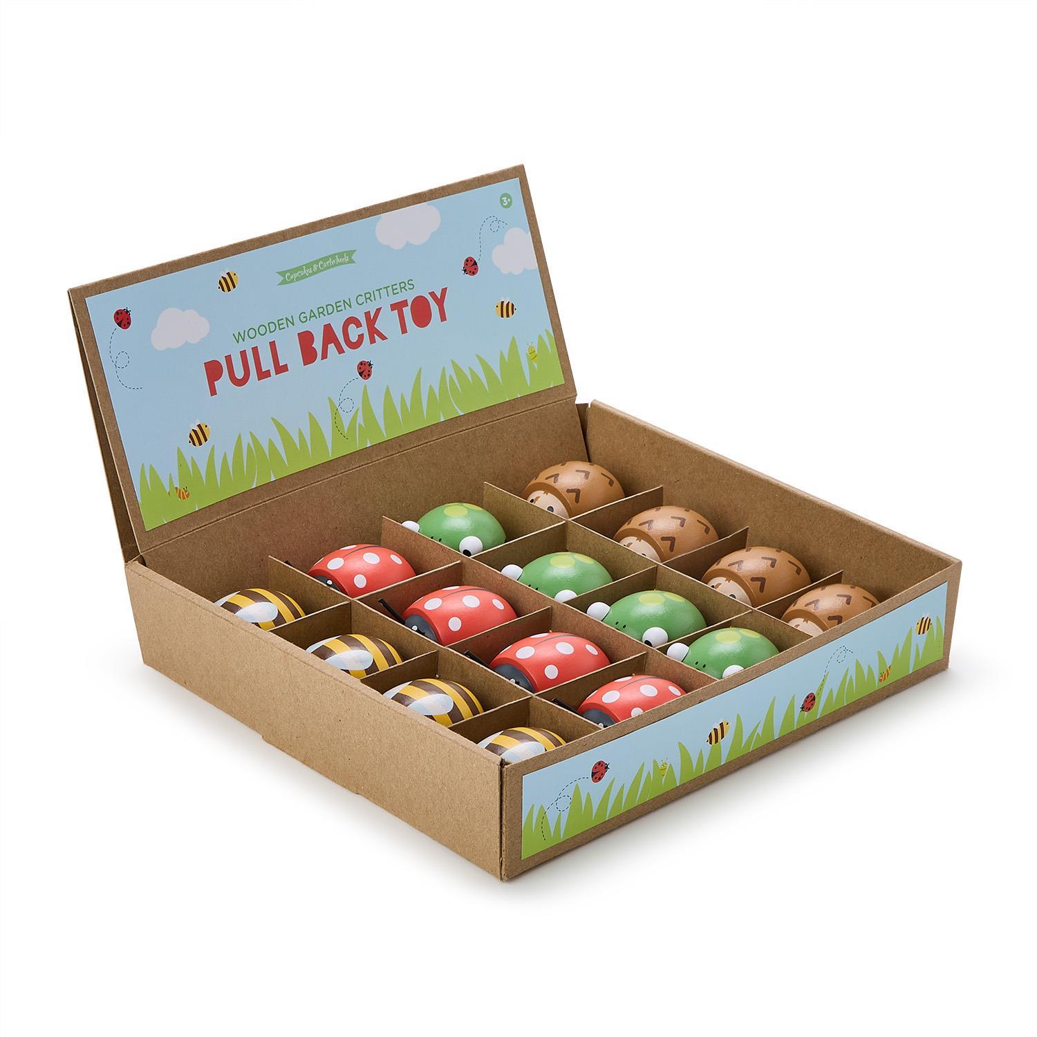 16 Pc Wooden Pull Back Bug Toy Unit with Display Includes 4 Designs