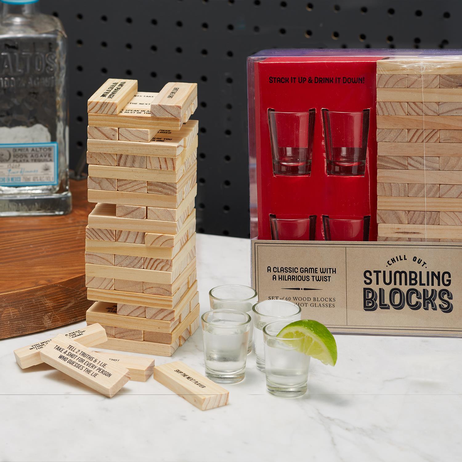 Stumbling Blocks Incl 4 Shot Glass and 60 Wooden Blocks in Gift Box