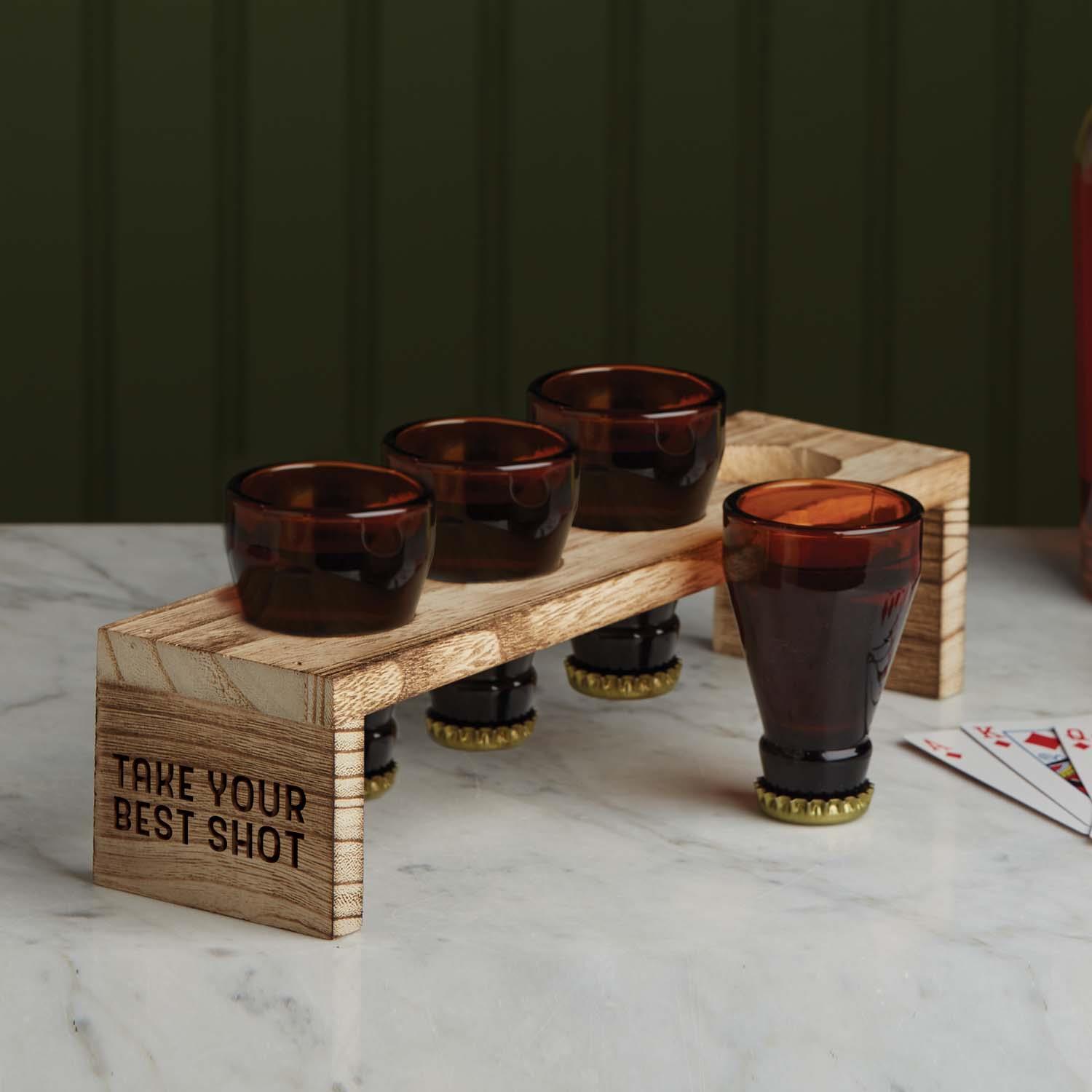 S/4 Beer Bottle Top Shot Glasses w/Wood Holder