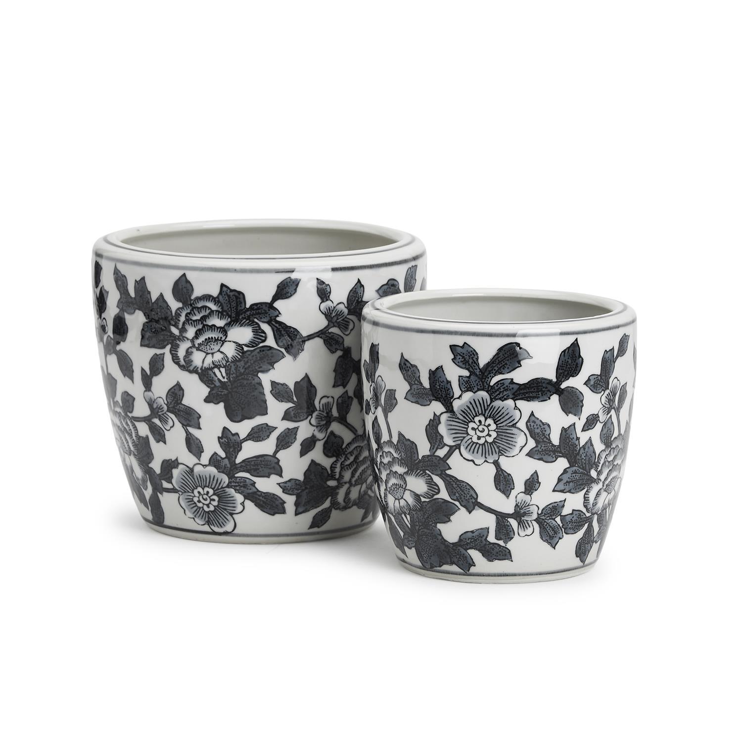 Black and White Set of 2 HandPainted Cachepot / Planter / Vase