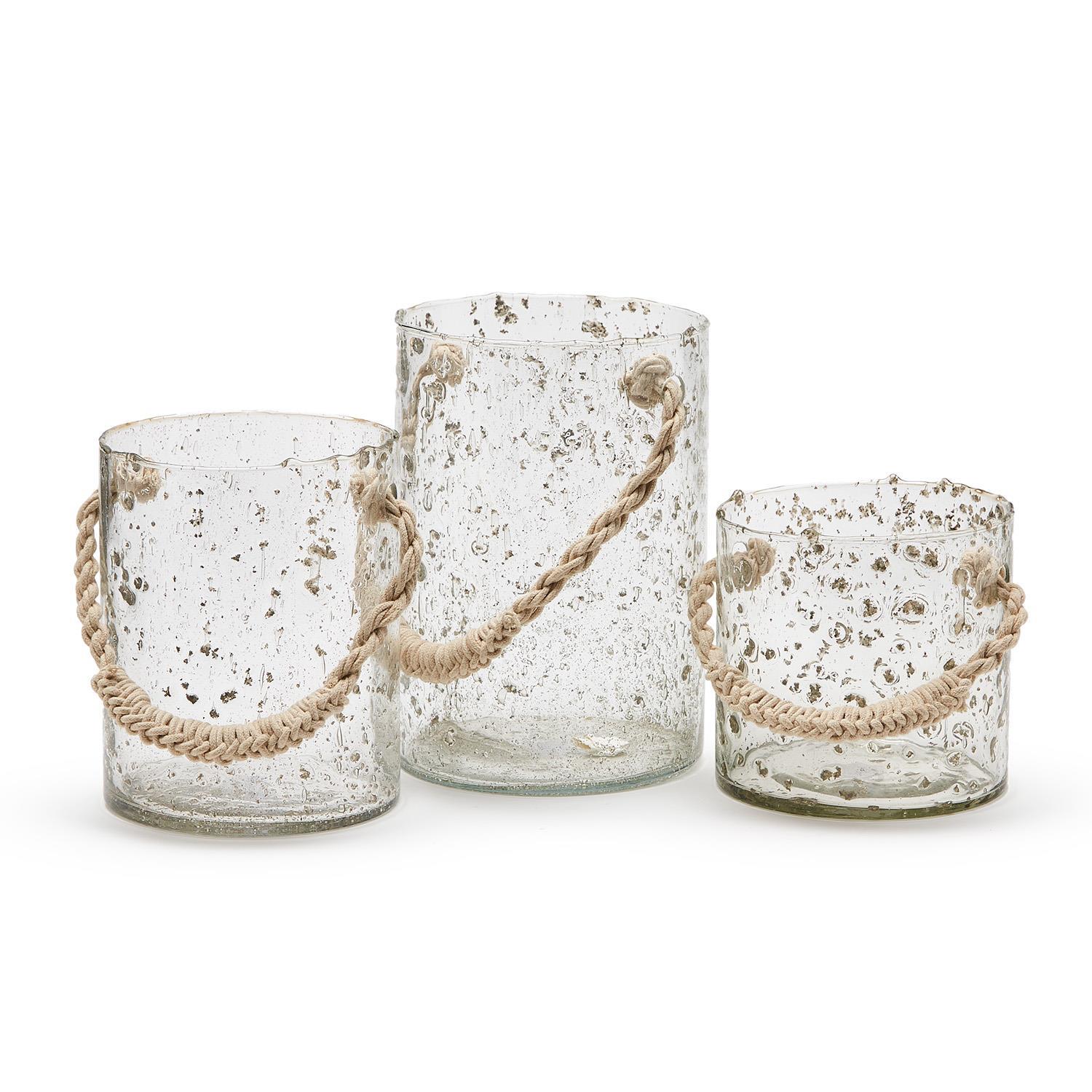 Set of 3 Antique Foil Cylinder Vase / Hurricane with Natural Rope Handle