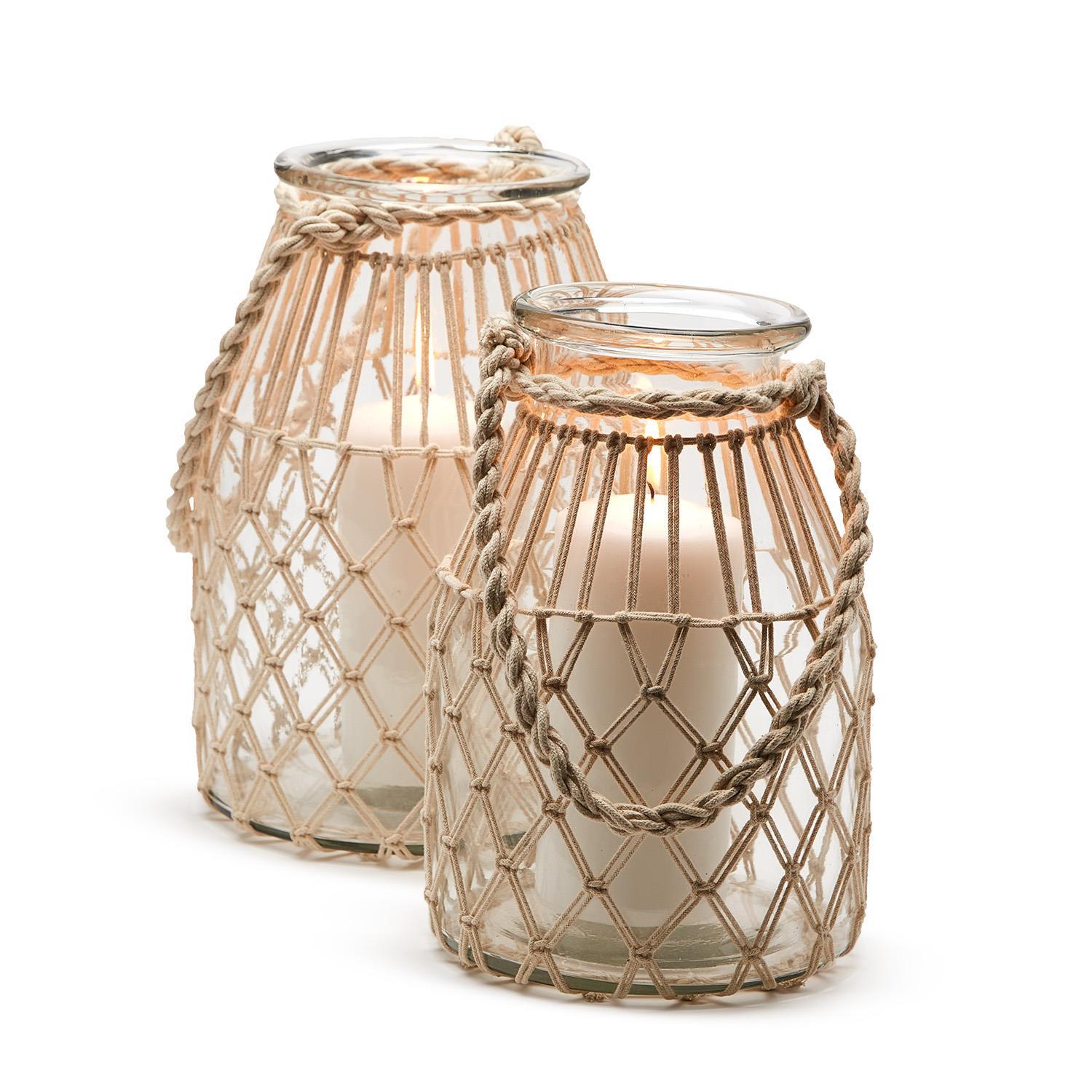 Set of 2 MIlk Jar Vase / Candleholder with Natural Rope Weave and Handle