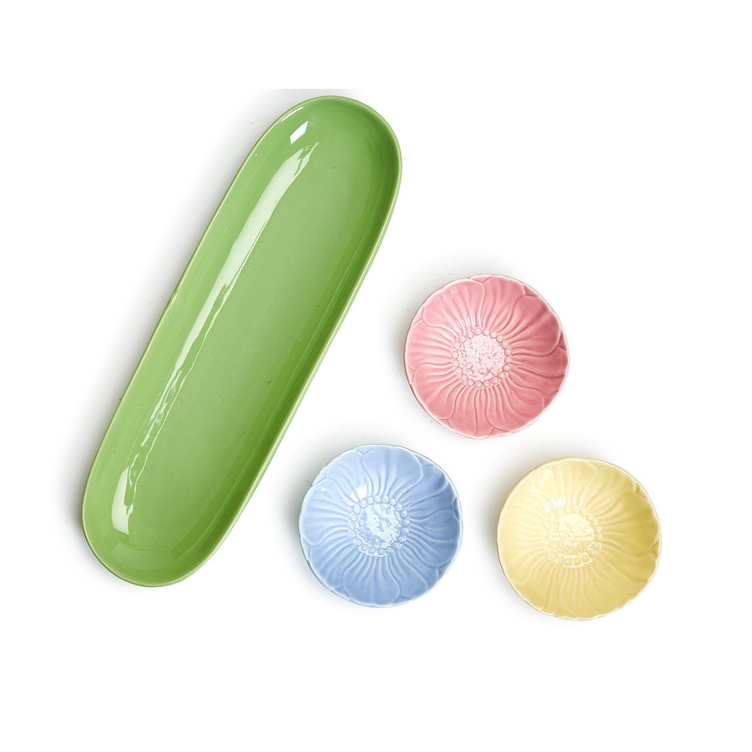 Set of 3 Flower Tidbit Bowls with Tray Includes 3 Colors: Pink