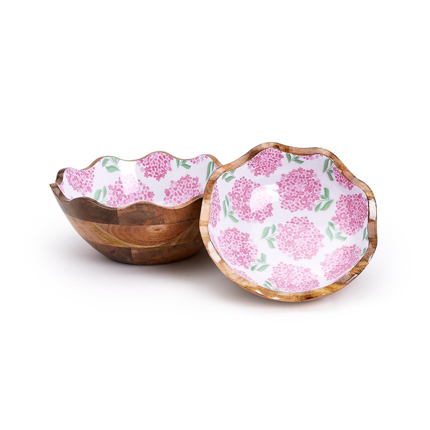 S/2 Pink Hydrangea Hand-Crafted Scalloped Edge Wood Bowl