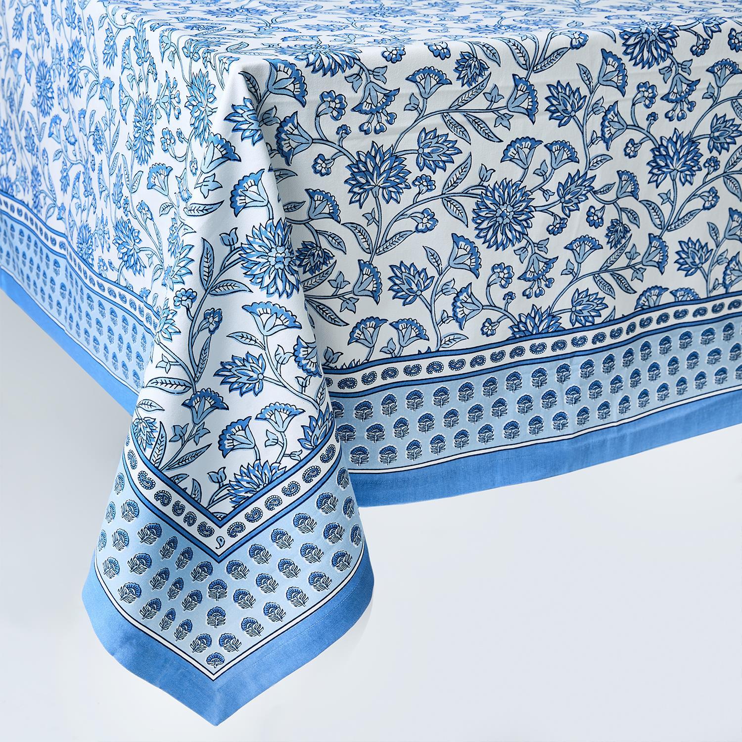 Set of 2 Chinoiserie Blue Block Print Design Tablecloths Incl 2 Sizes