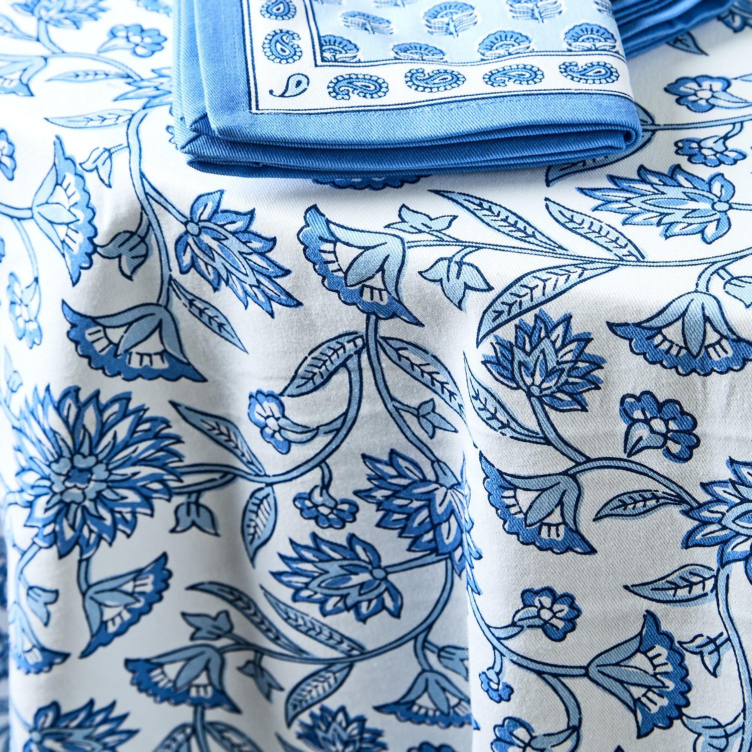 Set of 2 Chinoiserie Blue Block Print Design Tablecloths Incl 2 Sizes
