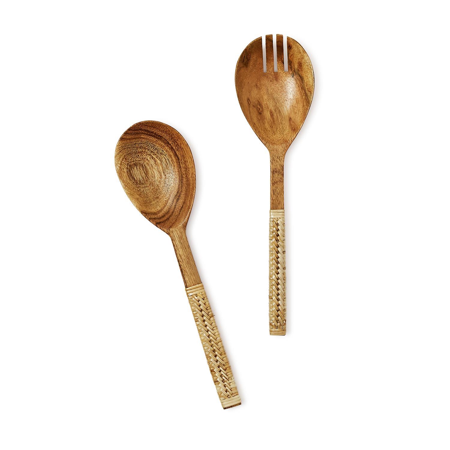 S/2 Wood Salad Servers with Wrapped Wicker Handle in Giftbox