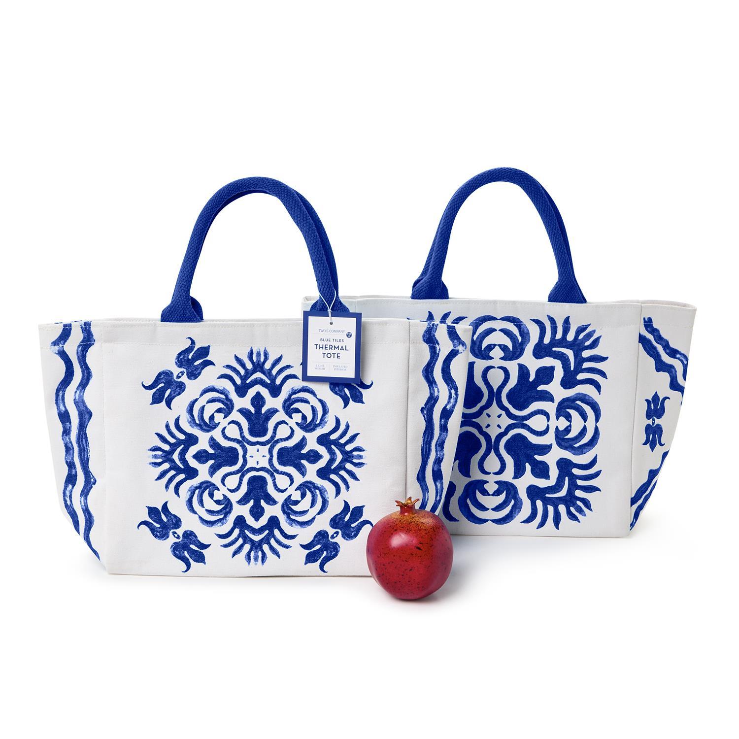 Blue Tile Block Print Thermal Lunch Tote Bag Asst 2 Designs