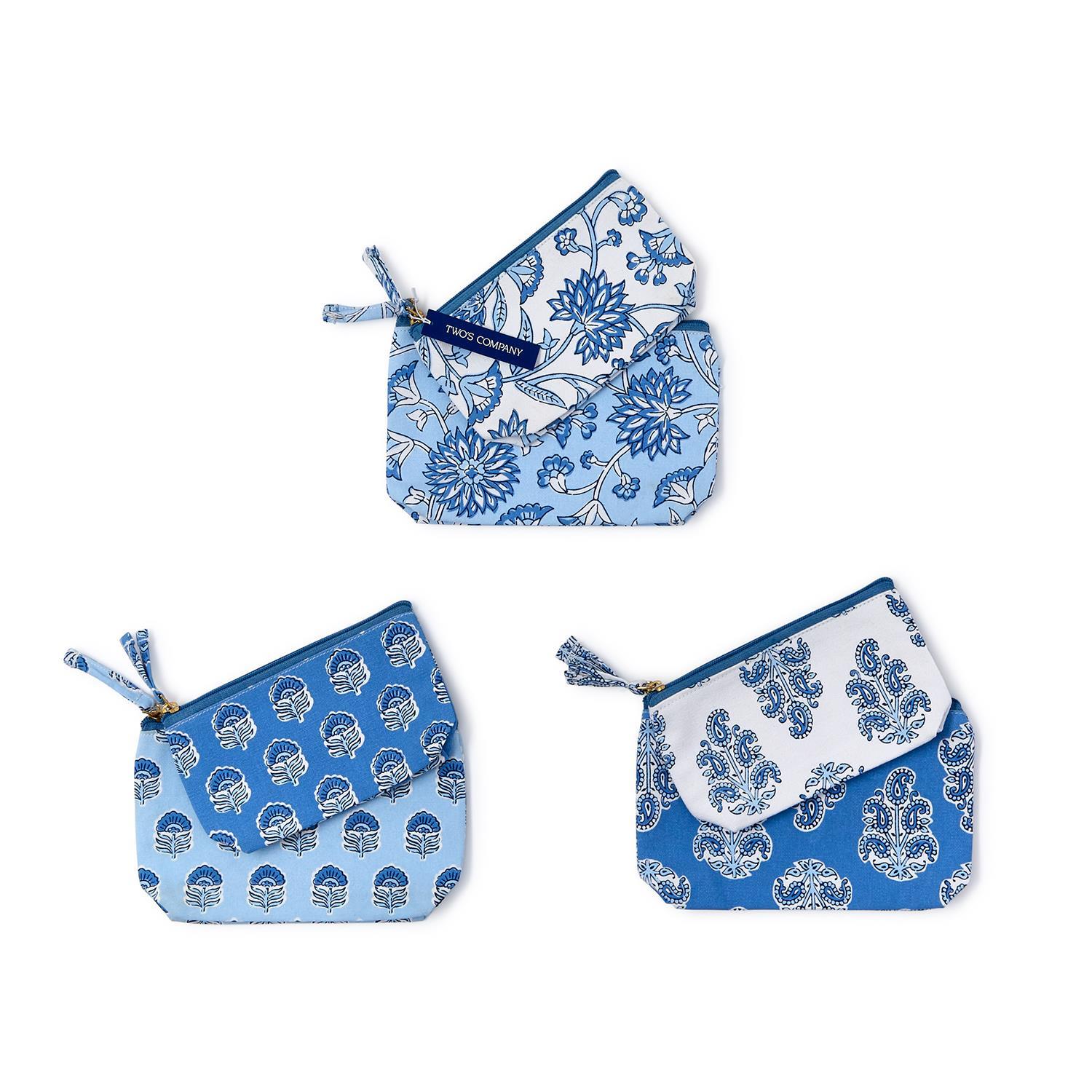 S/2 Blue Block Print Multipurpose Pouches A/3 Patterns