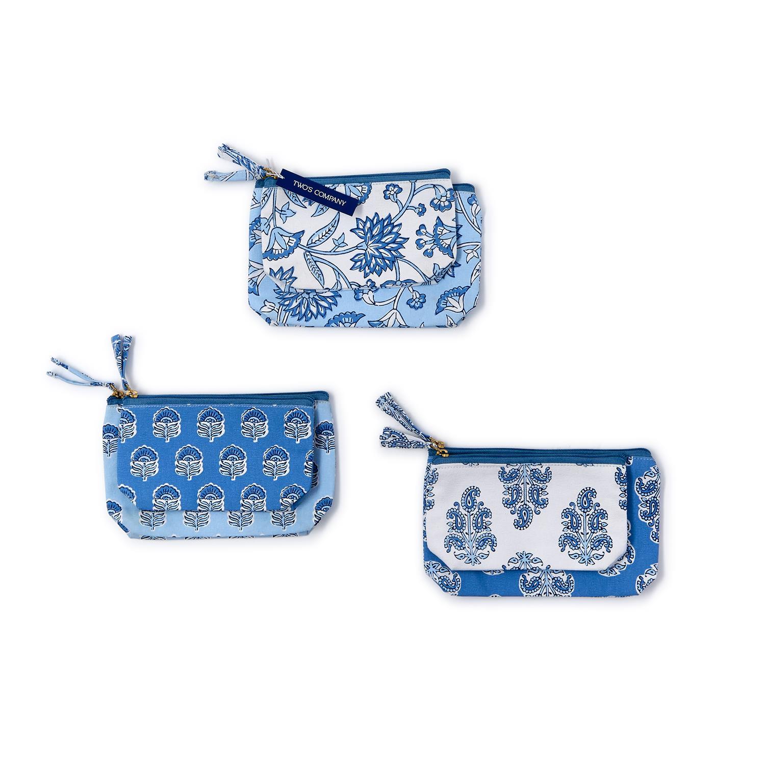 S/2 Blue Block Print Multipurpose Pouches A/3 Patterns