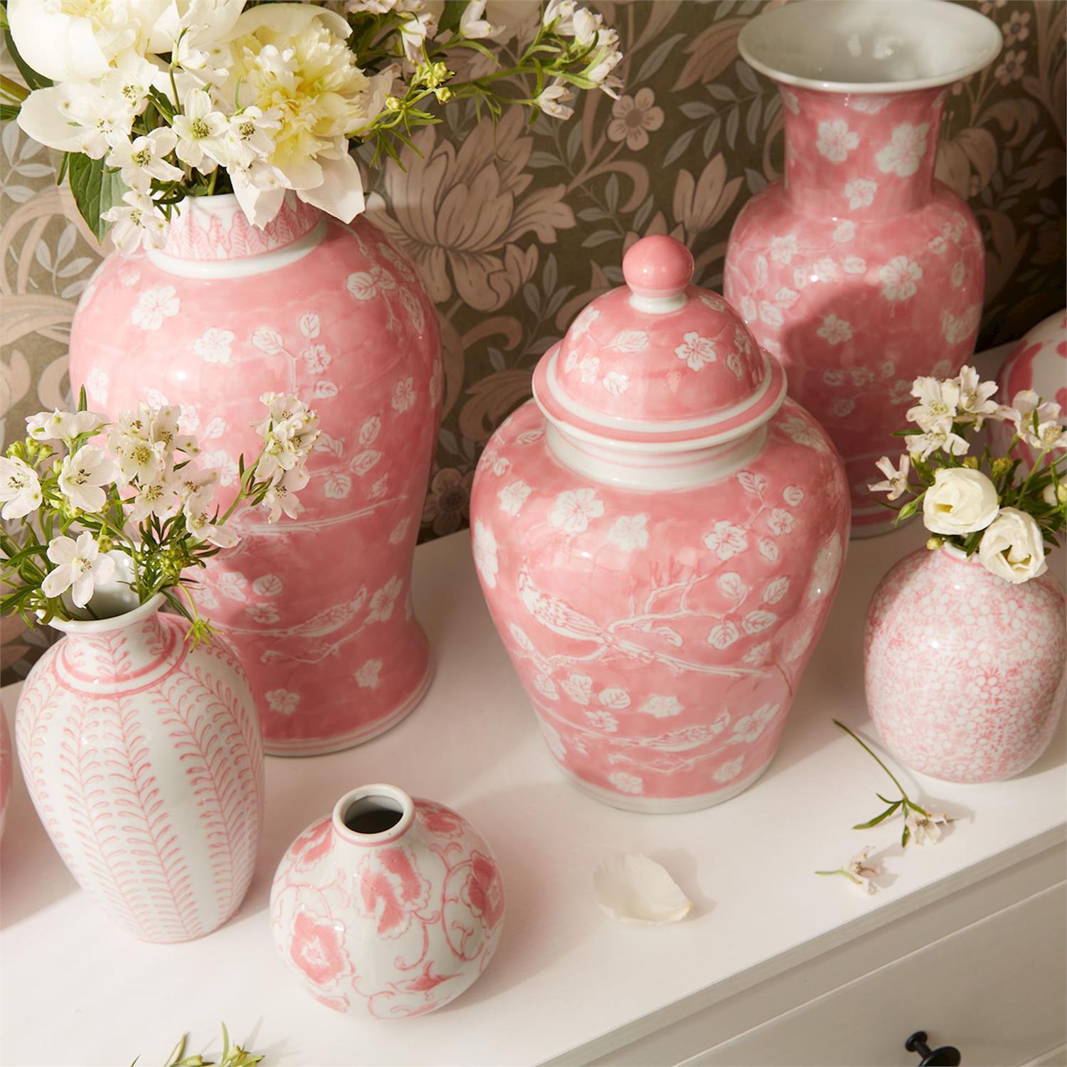 S/3 Hand-Painted Pink Chinoiserie Covered Jars