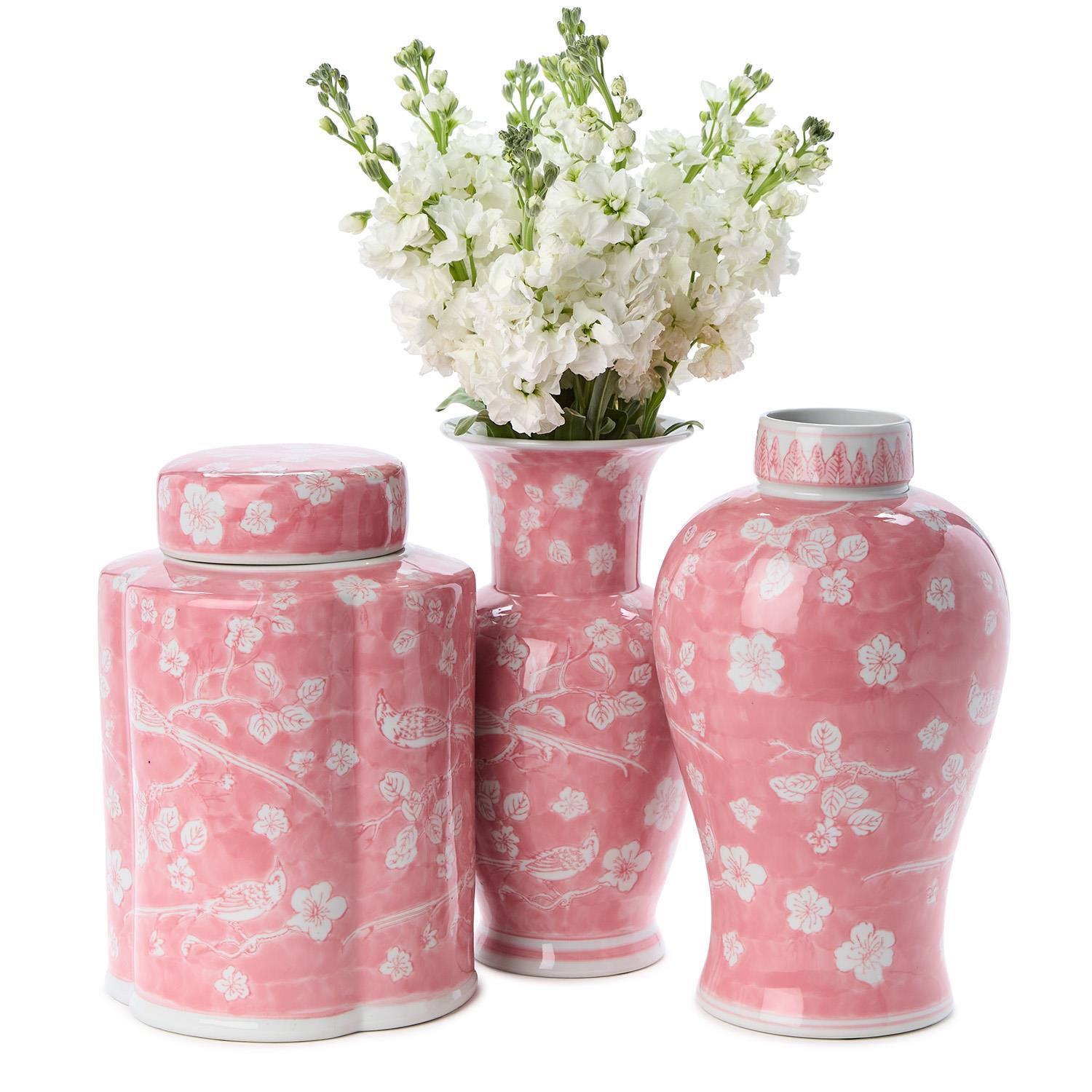 S/3 Hand-Painted Pink Chinoiserie Vases / Jar