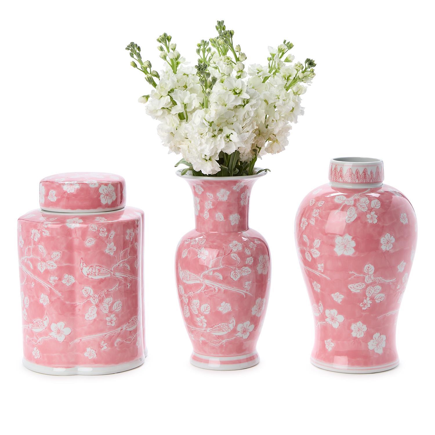 S/3 Hand-Painted Pink Chinoiserie Vases / Jar