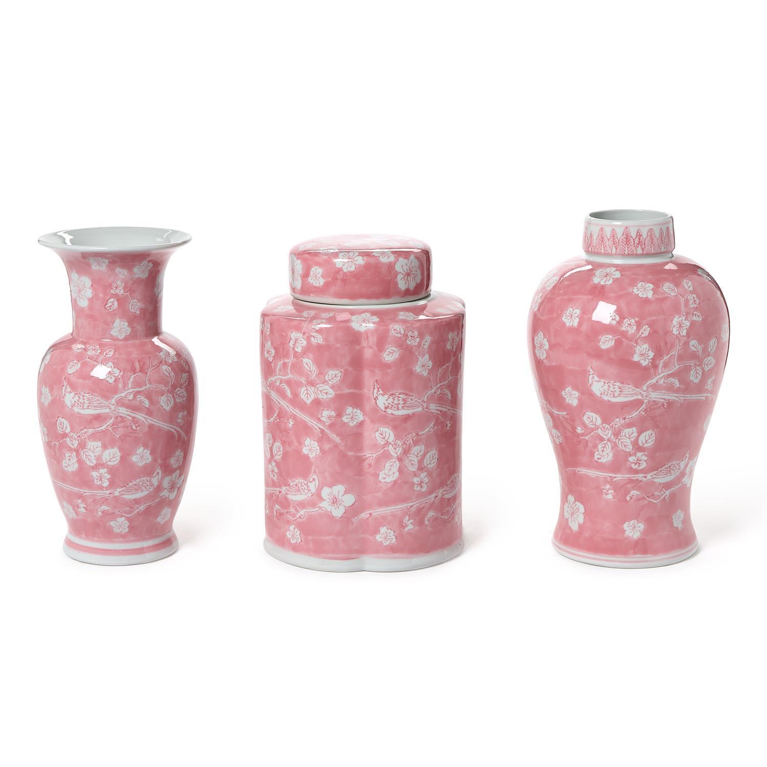 S/3 Hand-Painted Pink Chinoiserie Vases / Jar