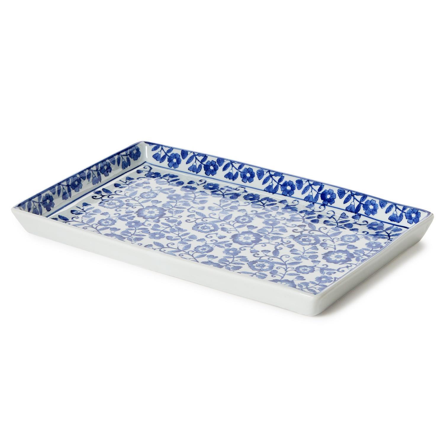 Chinoiserie Hand-Painted Blue and White Floral Tray