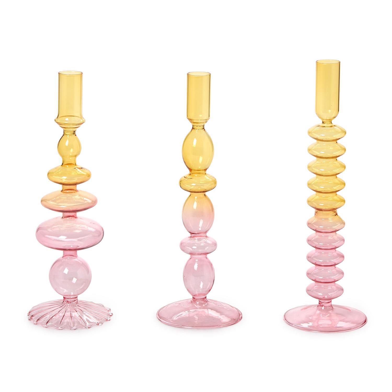 S/3 Hand-Blown Glass Taper Candlestick Candleholders Asst 3 Gradient Colors