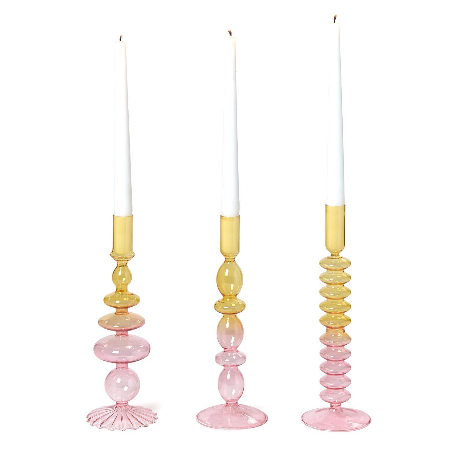 S/3 Hand-Blown Glass Taper Candlestick Candleholders Asst 3 Gradient Colors