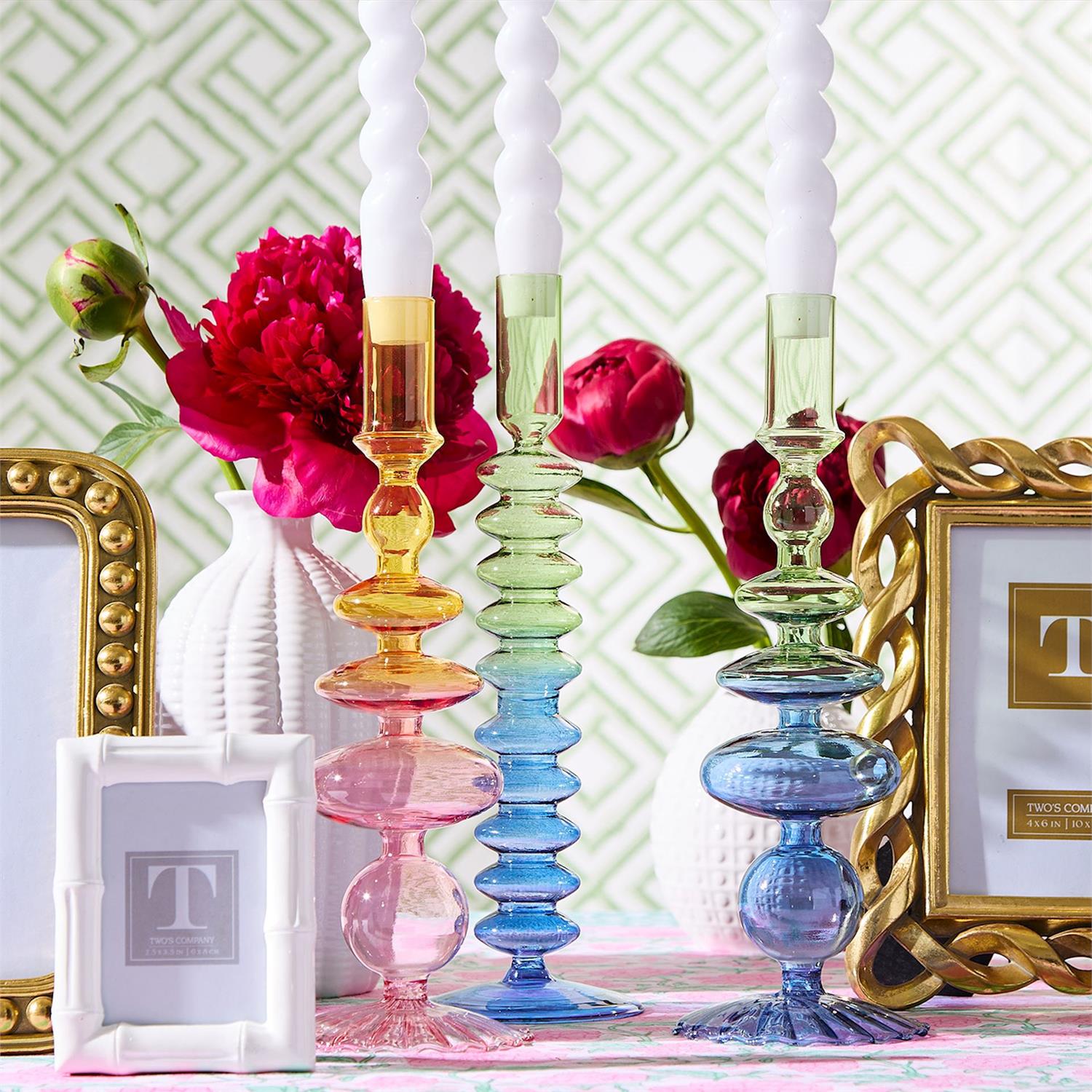 S/3 Hand-Blown Glass Taper Candlestick Candleholders Asst 3 Gradient Colors