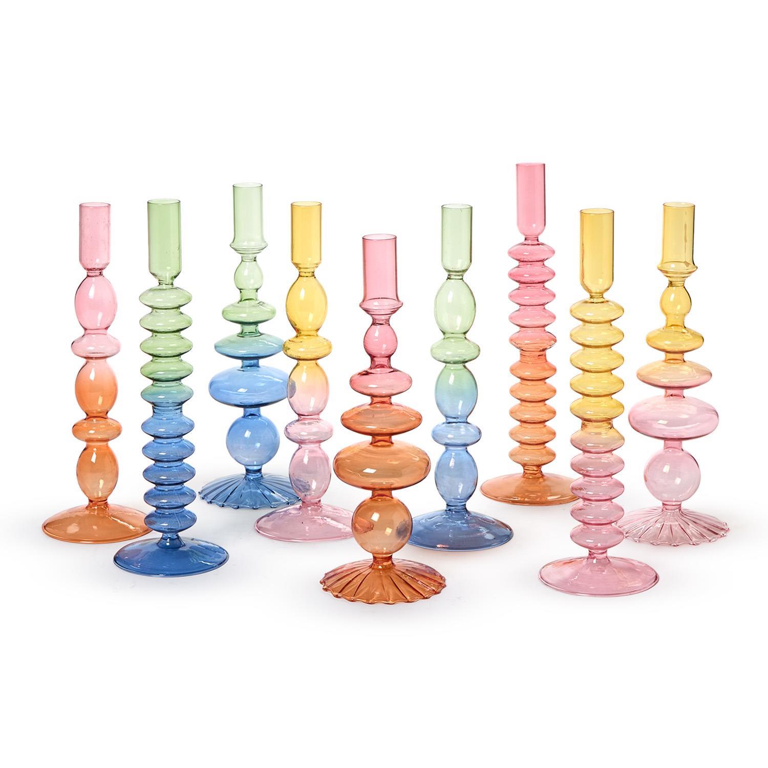 S/3 Hand-Blown Glass Taper Candlestick Candleholders Asst 3 Gradient Colors