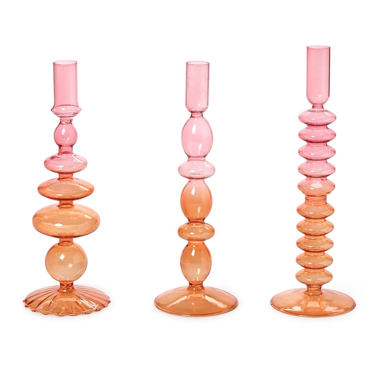 S/3 Hand-Blown Glass Taper Candlestick Candleholders Asst 3 Gradient Colors