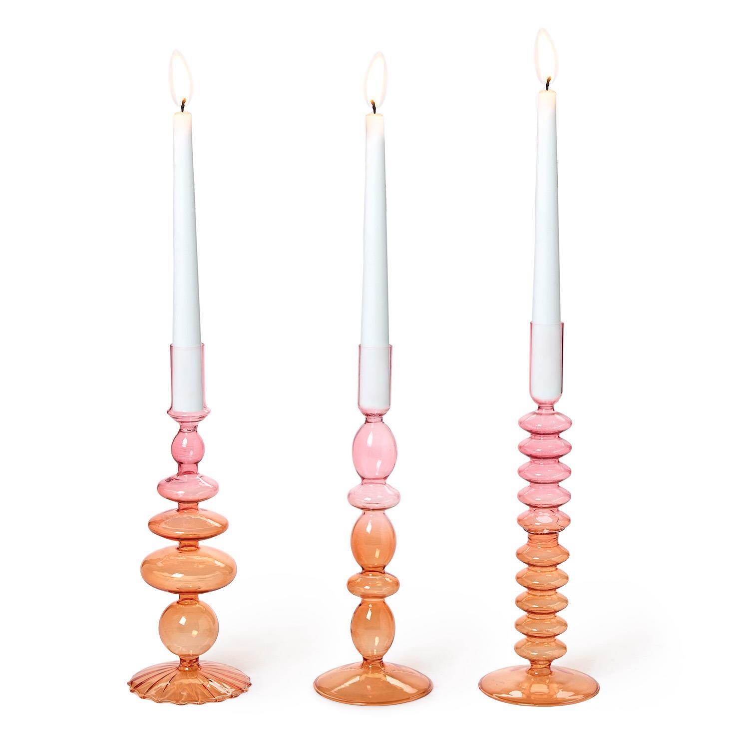 S/3 Hand-Blown Glass Taper Candlestick Candleholders Asst 3 Gradient Colors