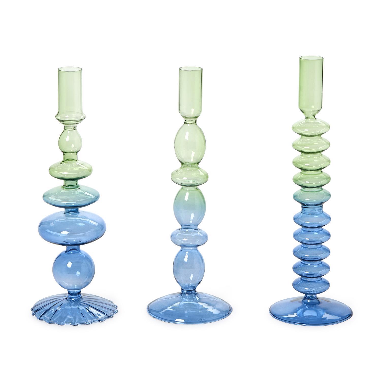 S/3 Hand-Blown Glass Taper Candlestick Candleholders Asst 3 Gradient Colors