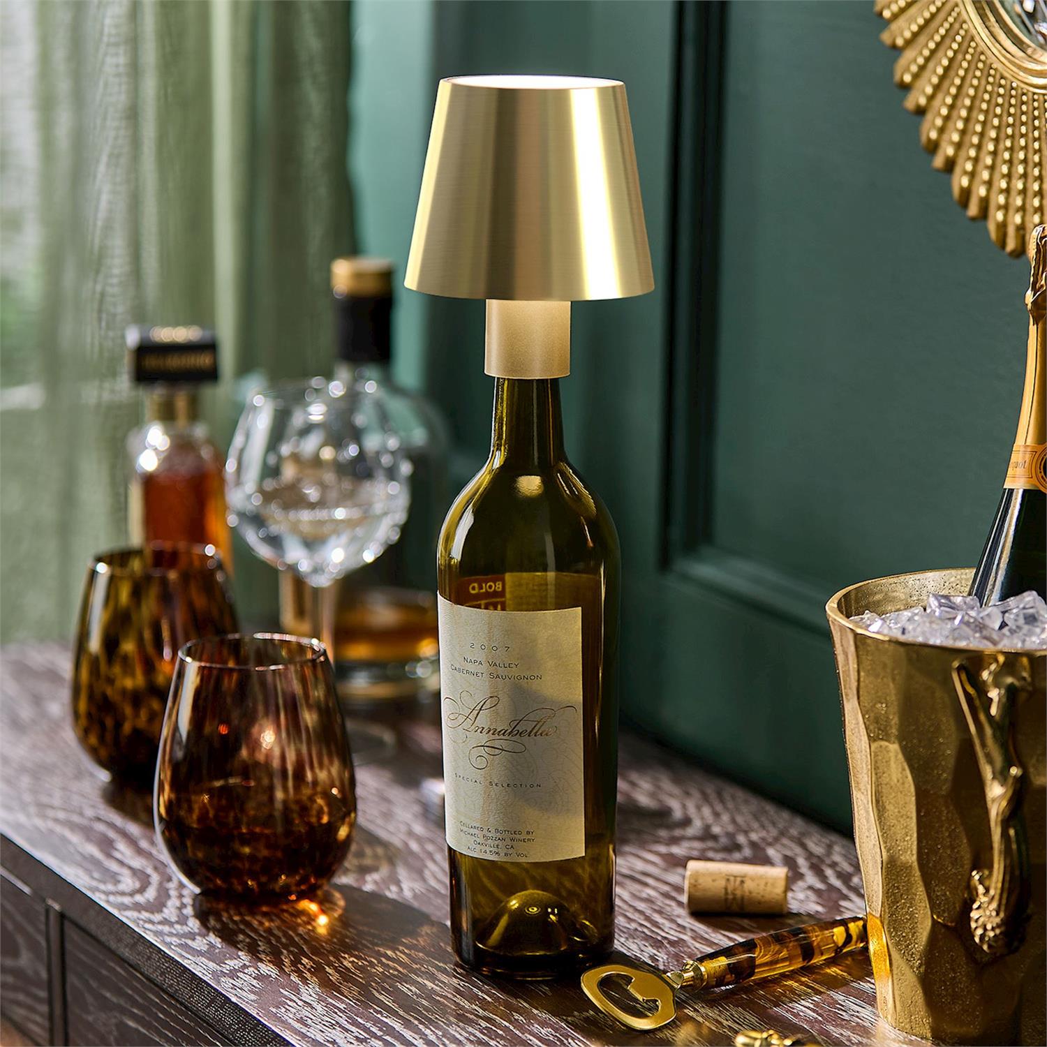 LED Portable Cordless Gold Lampshade Bottle Lamp with Stopper