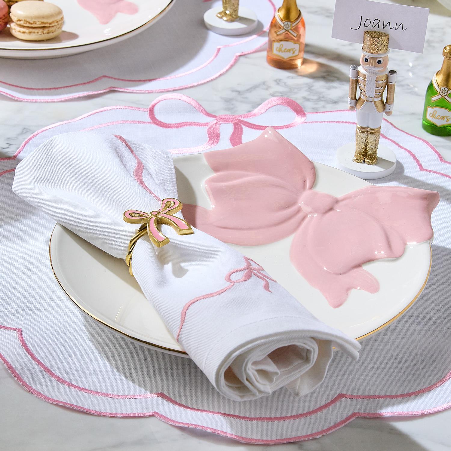 Two's Company Embroidered Bow Dinner Napkins - Thumbnail 2