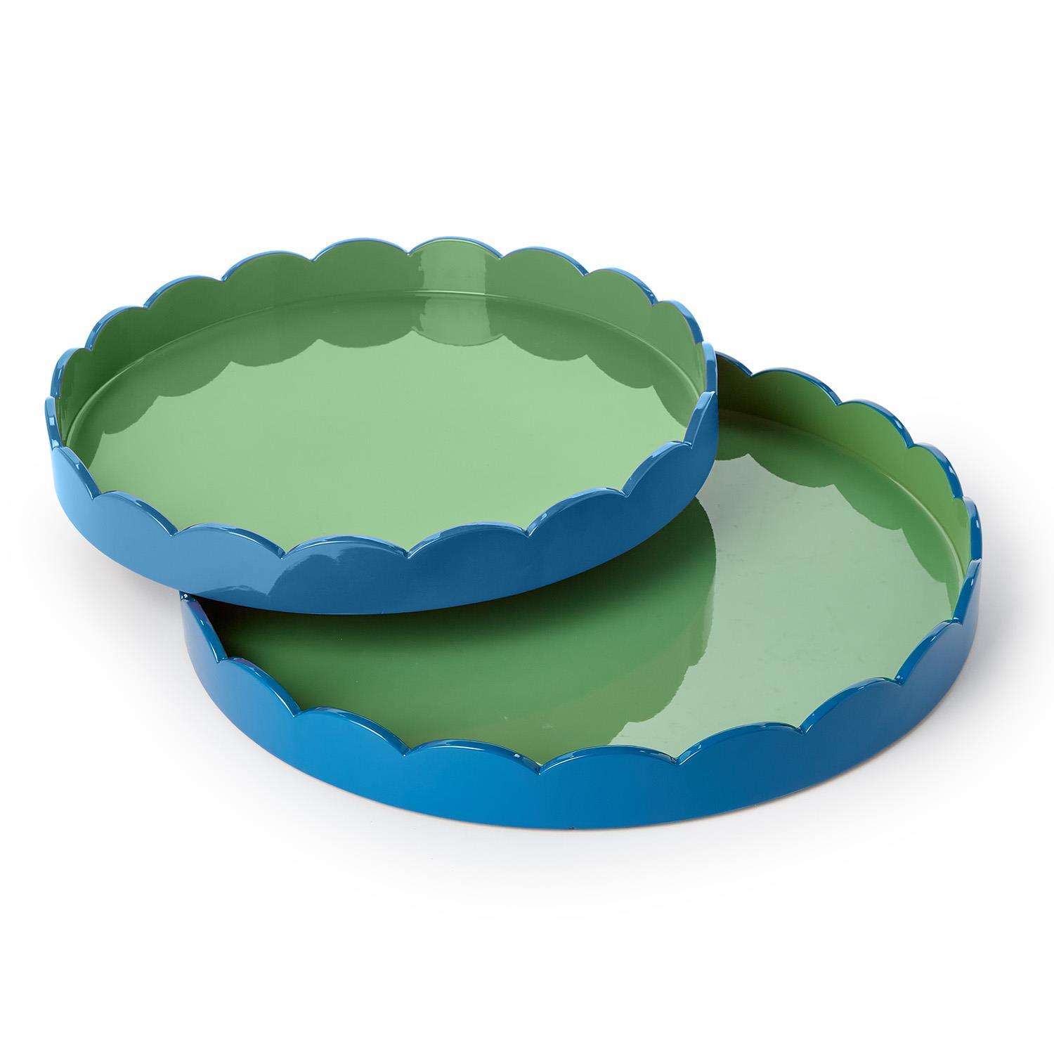 S/2 Scalloped Blue and Green Dual Tone Lacquered Trays
