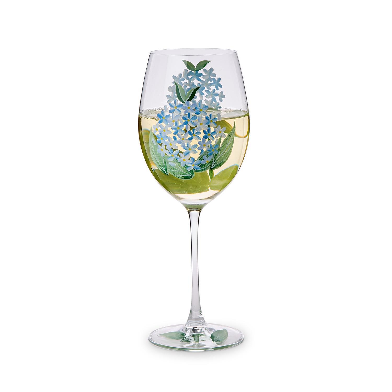 S/4 Hydrangea Hand-Painted Stemmed Wine Glasses