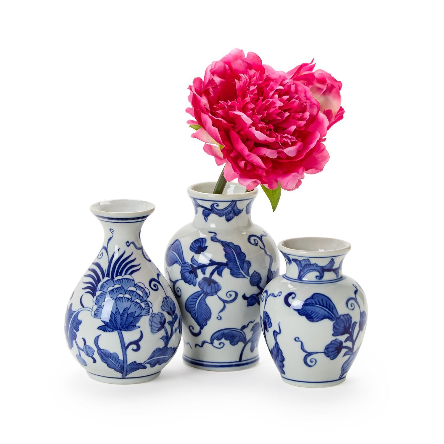 S/3 Hand-Painted Blue and White Floral Chinoiserie Vases