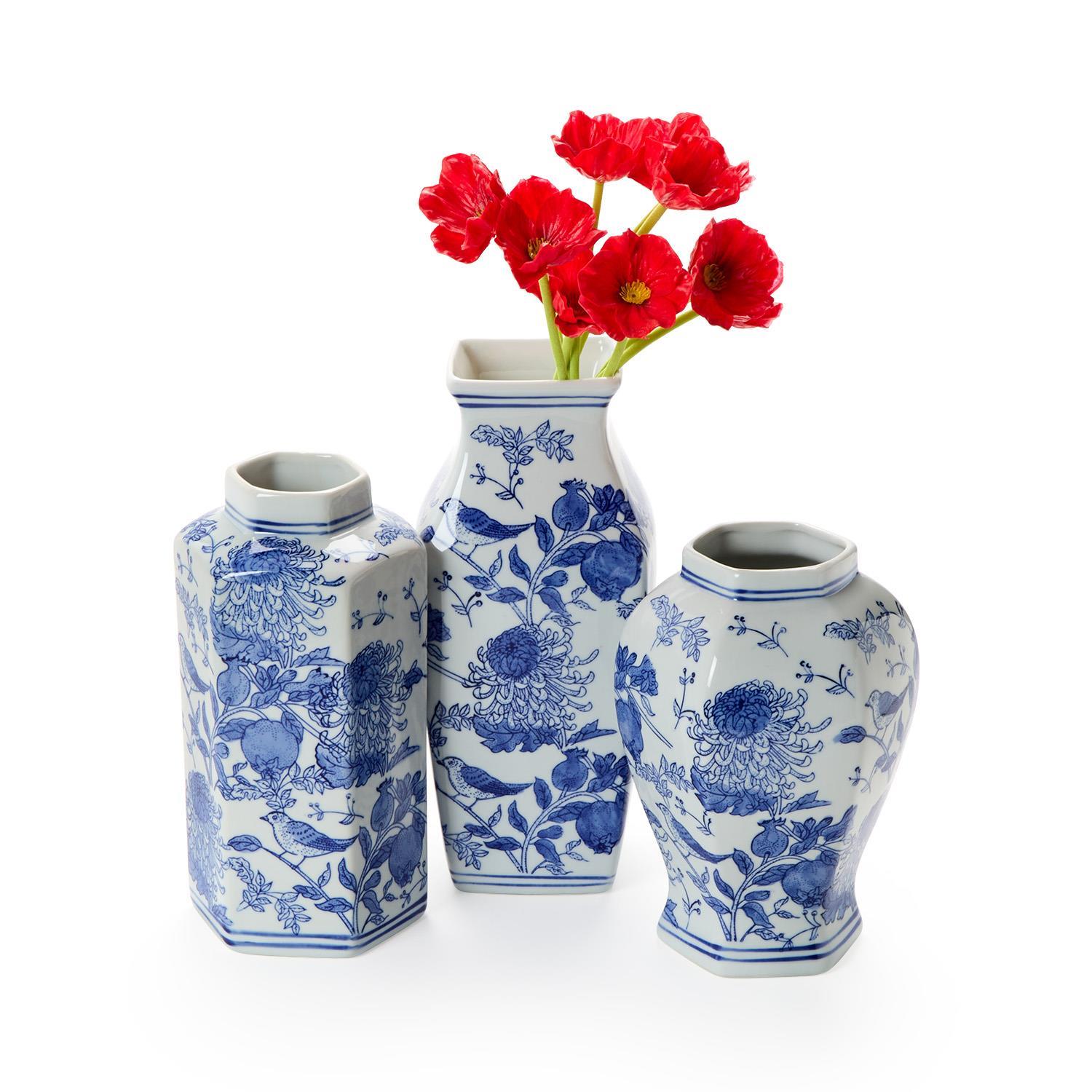 S/3 Chrysanthemum Hand-Painted Blue and White Vases Incl 3 Shapes