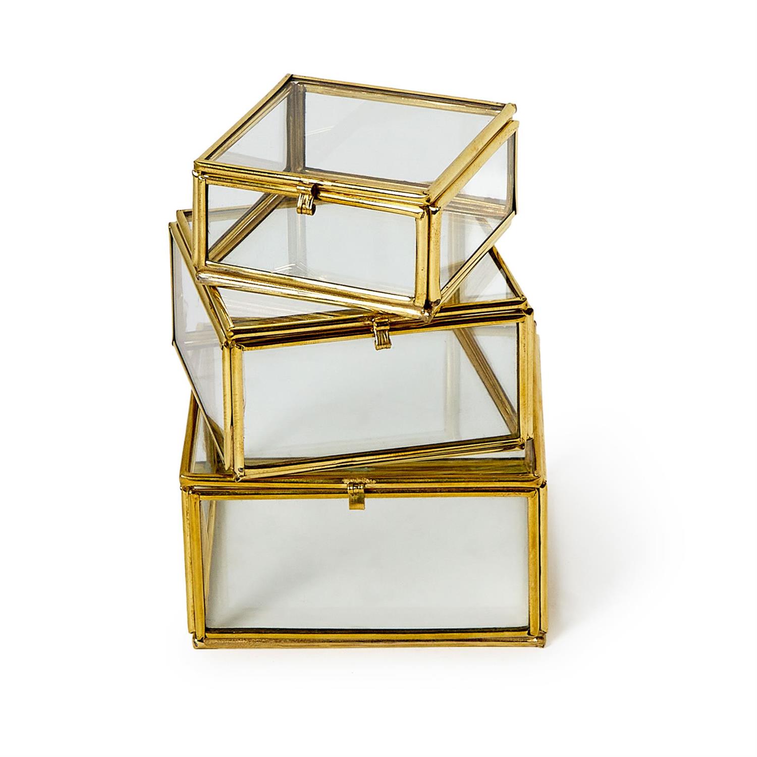 S/3 Brass and Glass Decorative Nesting Trinket Boxes Asst 4 Shapes