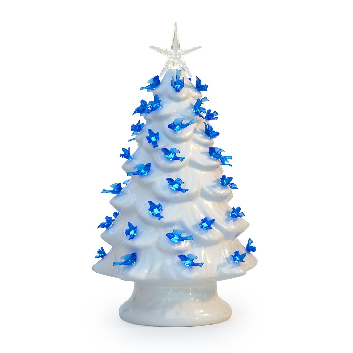 Blue and White Christmas Light Up Vintage Tree with Blue Doves and Star