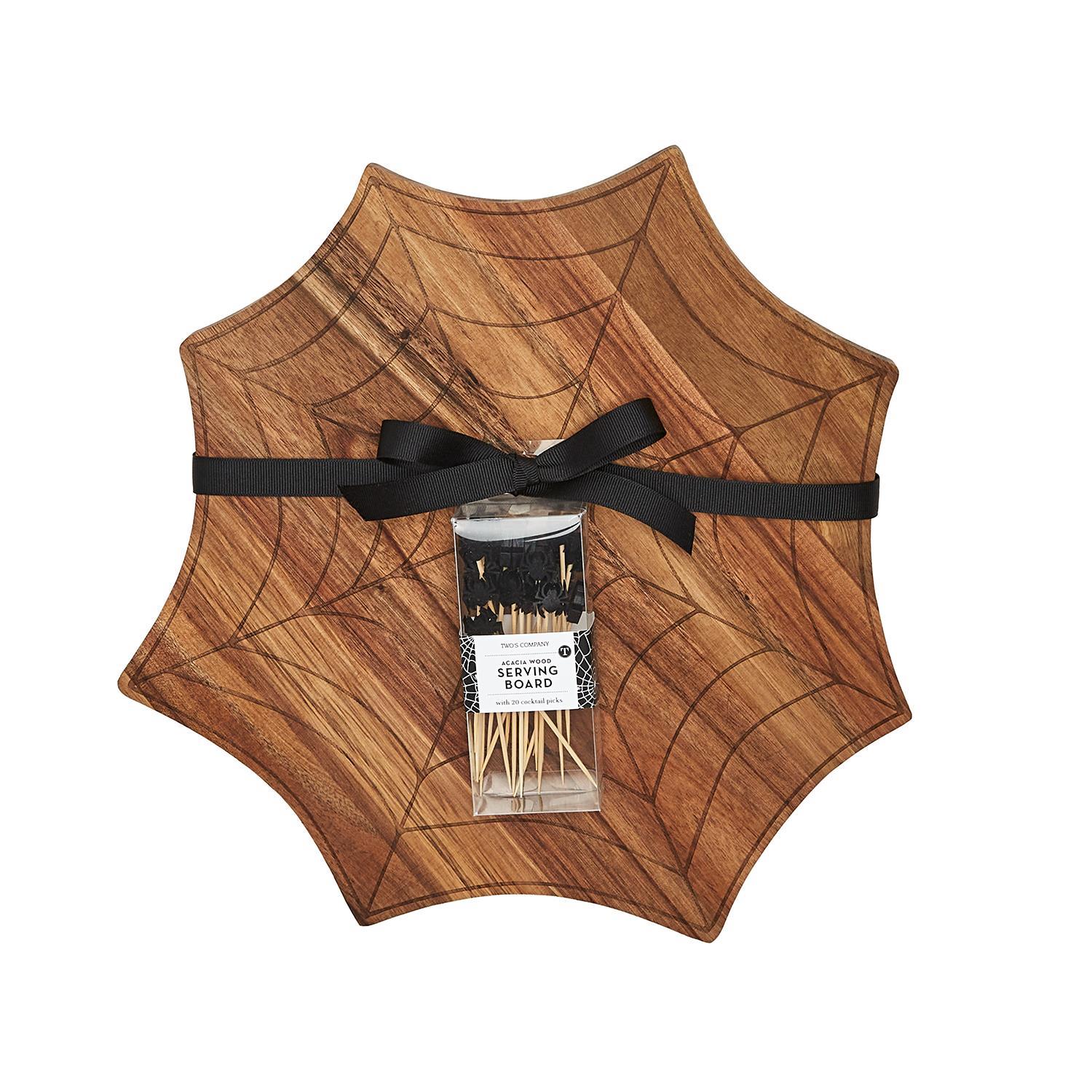 Spiderweb Wooden Charcuterie Serving Board w/20 Spider Picks