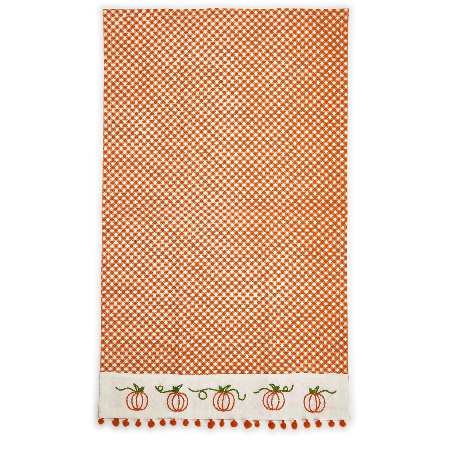 Gingham Gathering Dish Towel with Pumpkin Embroidery and Pom Pom Trim