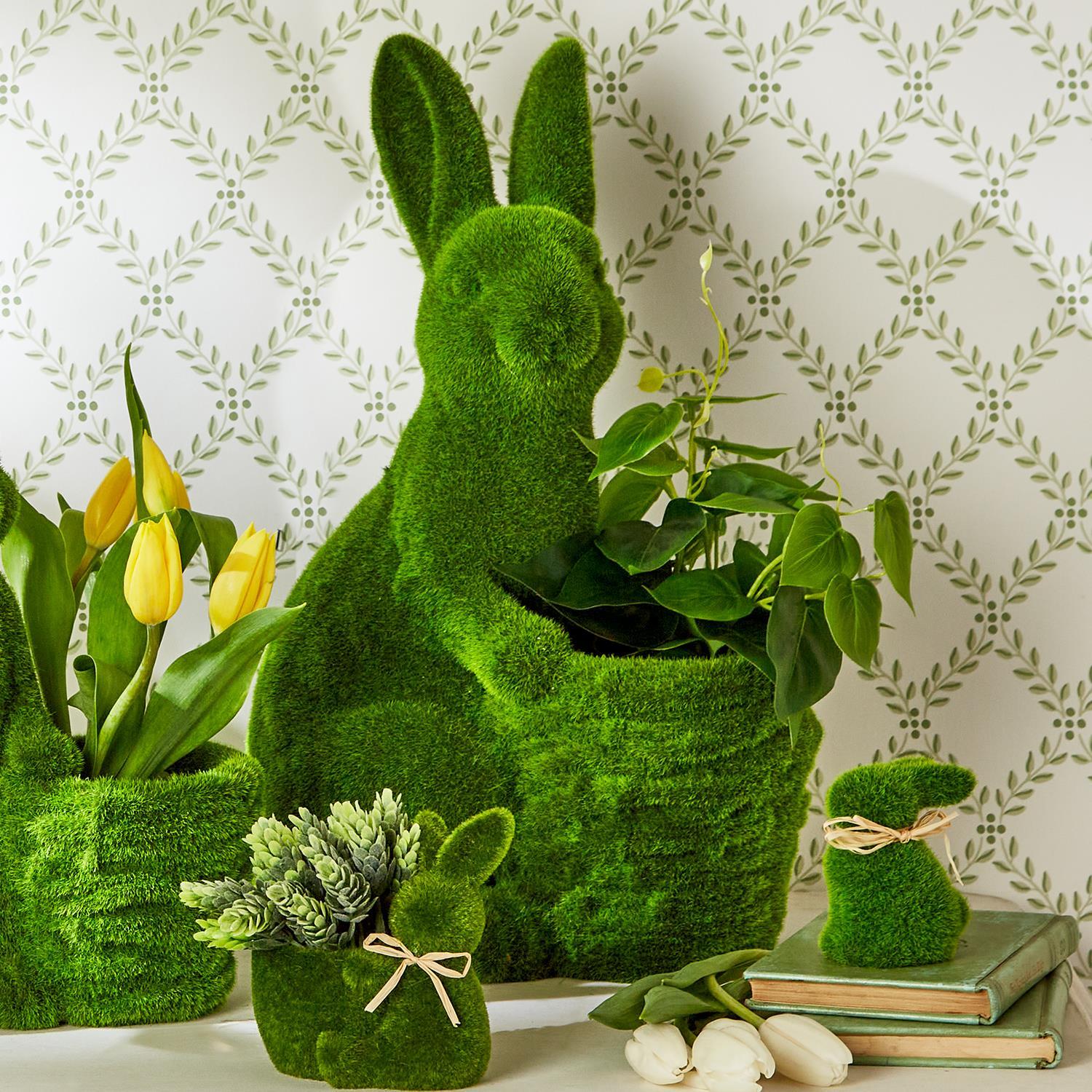 Hoppy Easter S/2 Faux Moss Easter Bunny with Basket Includes 2 Designs