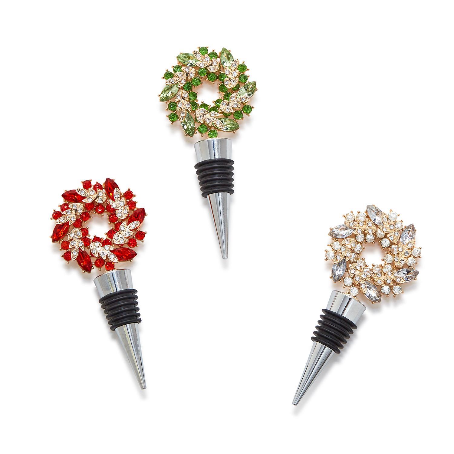 Holiday Wreath Jeweled Bottle Stoppers in Gift Box Assorted 3