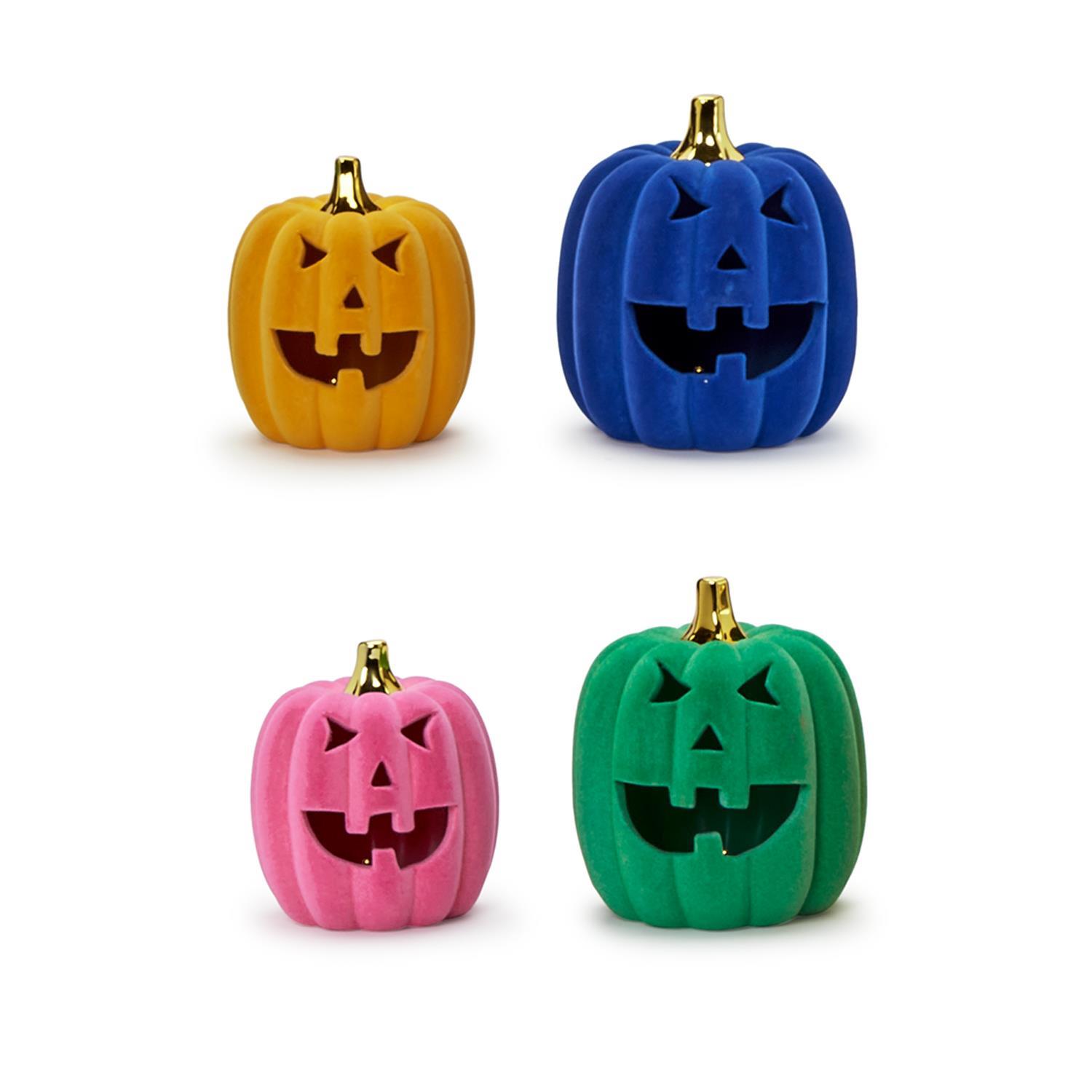 Set of 4 LED Flocked Jack O' Lanterns Includes 2 Sizes and 4 Colors