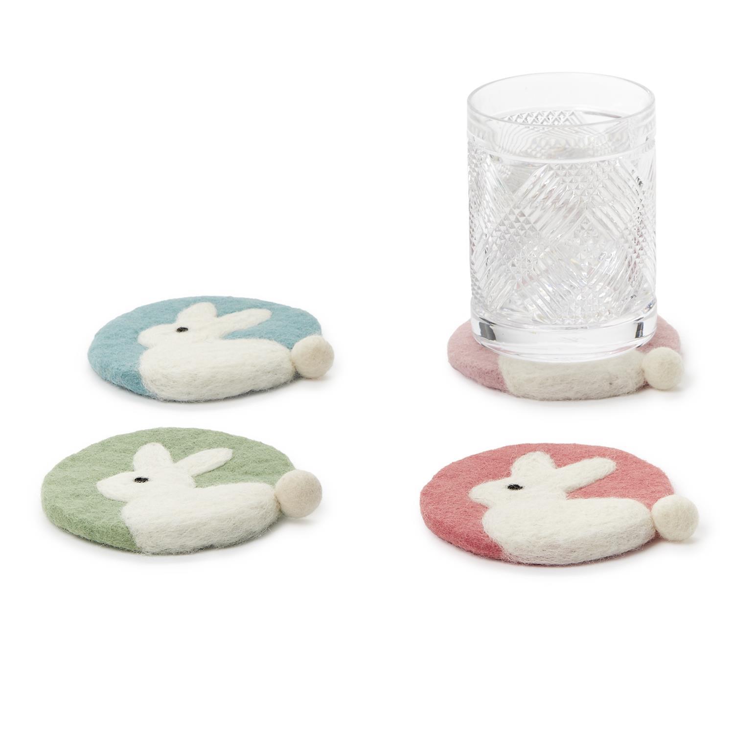 Hop to It Set of 4 Hand-Crafted Bunny with Pom-Pom Tail Coasters