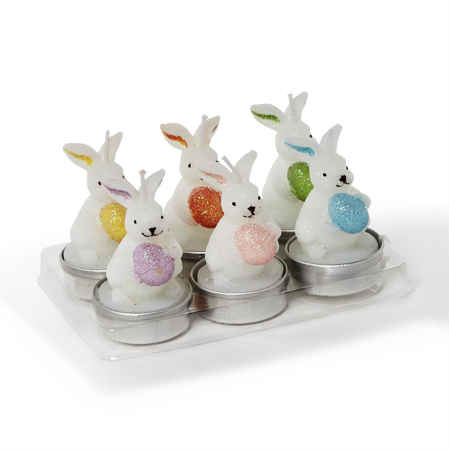 Set of 6 Hand-Painted Bunny Tealight Candles in Gift Box Includes 6 Colors
