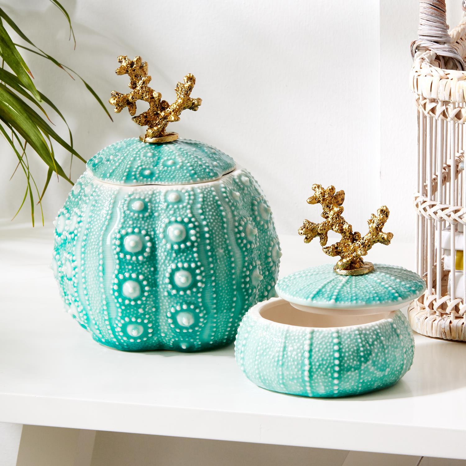 Gold Coral and Seafoam S/2 Sea Urchin Trinket Boxes