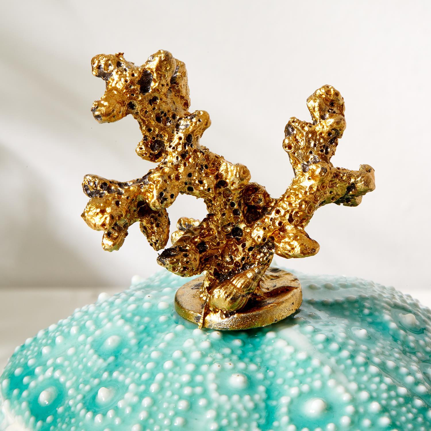 Gold Coral and Seafoam S/2 Sea Urchin Trinket Boxes