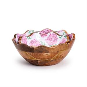 S/2 Pink Hydrangea Hand-Crafted Scalloped Edge Wood Bowl