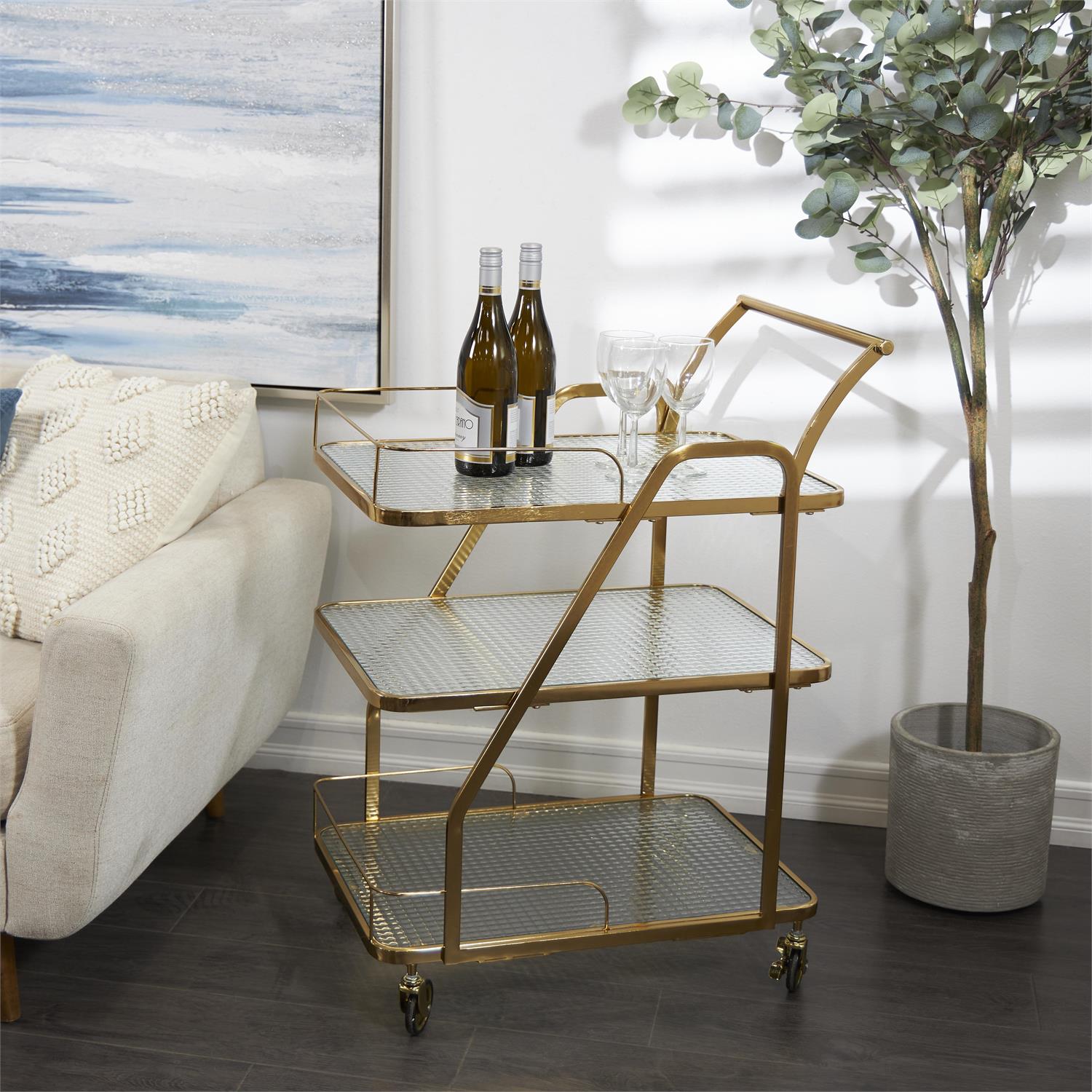 15081 | Gold Metal Rolling Glass Shelf 3 Tier Home Bar Cart with