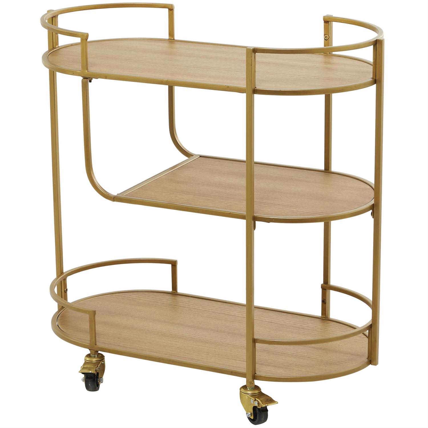 15081 | Gold Metal Rolling Glass Shelf 3 Tier Home Bar Cart with