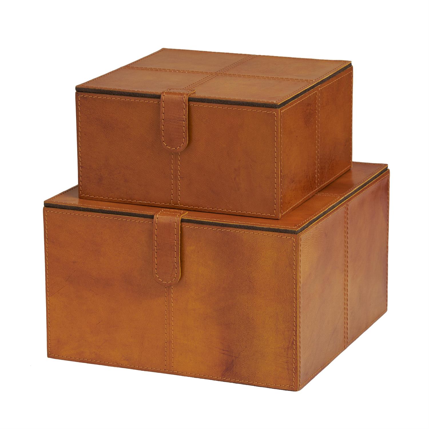 95931 | Brown Leather Handmade Cowhide Decorative Box with Snap