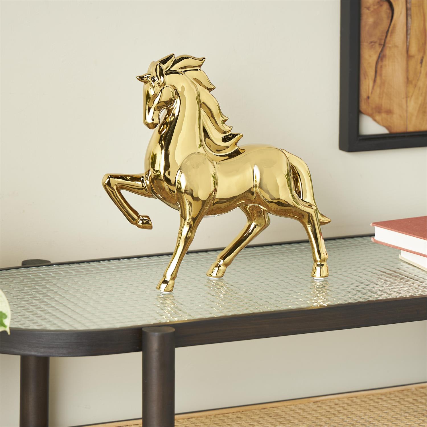 57072 | Gold Ceramic Horse Prancing Decorative Sculpture, 12