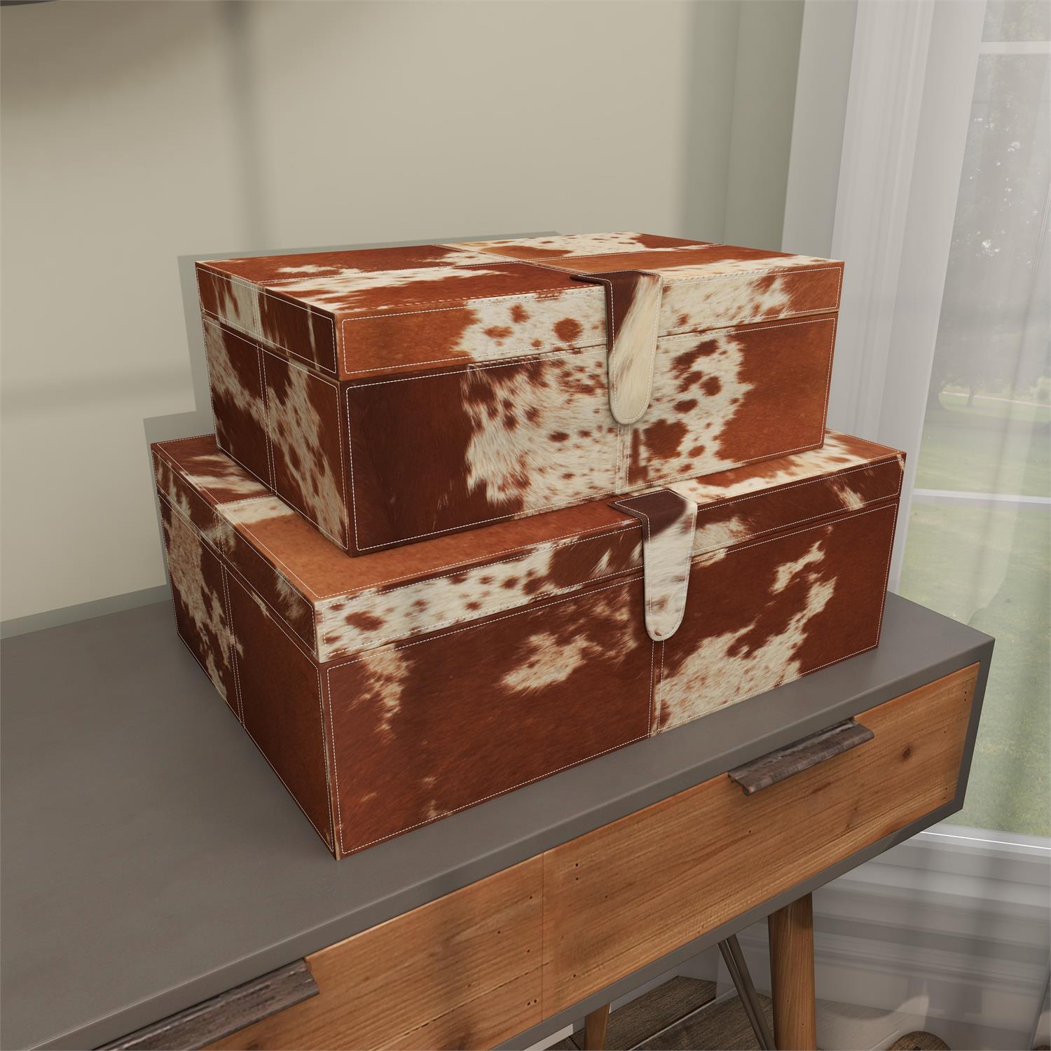 95931 | Brown Leather Handmade Cowhide Decorative Box with Snap